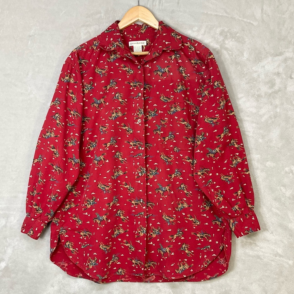 Vtg Banana Republic Equestrian 90’s Horse Button Front Shirt Womens L